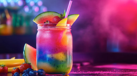 A colorful smoothie made with watermelon, served in a clear jar with a straw and garnished with fruit slices.の素材