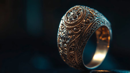 A close-up shot of an ornate antique ring with intricate designs, displayed against a dark background.の素材
