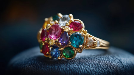 A close-up shot of a vintage cocktail ring with colorful stones, displayed against a dark backdrop.の素材