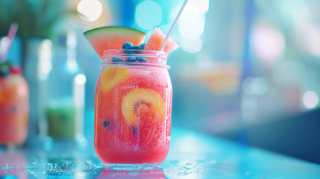 A colorful smoothie made with watermelon, served in a clear jar with a straw and garnished with fruit slices.の素材