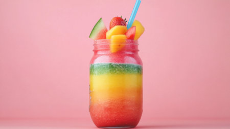 A colorful smoothie made with watermelon, served in a clear jar with a straw and garnished with fruit slices.の素材