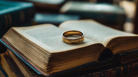 A creative shot of a ring on a stack of open books, representing love and literature.の素材