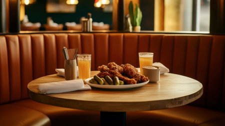 A cozy restaurant booth featuring a plate of fried chicken with house-made pickles and artisanal bread.の素材