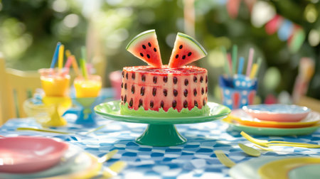 A cute picnic scene with a watermelon cake as the centerpiece, surrounded by colorful plates and cutlery.の素材