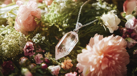 A crystal pendant necklace lying on a bed of fresh flowers, creating a natural aesthetic.の素材