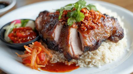 A comforting plate of pork leg rice, with succulent pork, fragrant rice, and garnished with chili sauce and pickled veggies.の素材