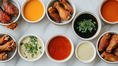 A creative food composition featuring fried chicken wings alongside a variety of international sauces for dipping.の素材