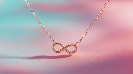 A delicate gold necklace with an infinity symbol pendant, resting on a pastel background.の素材