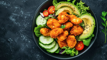 A creative shot of a fried chicken salad topped with avocado slices and cherry tomatoes, highlighting freshness.の素材
