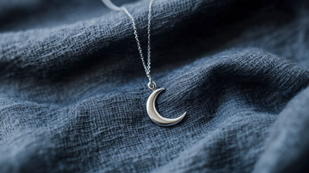 A delicate silver necklace with a crescent moon pendant resting on a textured fabric.の素材