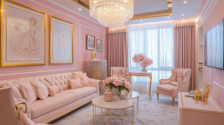 A cozy princess-themed living room featuring soft pink walls, gilded frames, and a sparkling crystal chandelier.の素材