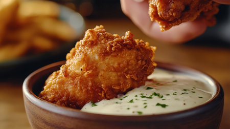 A crispy fried chicken piece being dipped into a bowl of ranch dressing, highlighting its crunchy texture.の素材