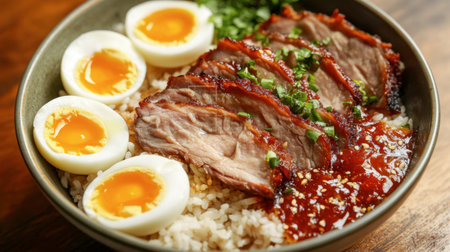 A delectable pork leg rice dish served with tender braised pork, soft eggs, and a side of spicy dipping sauce.の素材