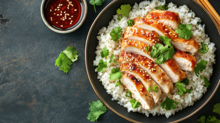 A delicious Asian-inspired dish of steamed rice topped with chicken, garnished with cilantro and served with a side of dipping sauce.の素材