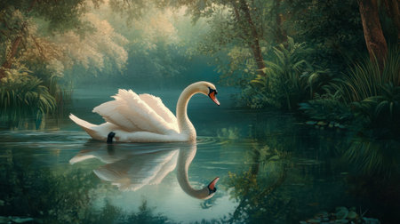 A graceful white swan gliding across a serene lake, reflecting the calm water and surrounded by lush greenery.の素材