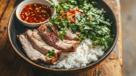 A delicious pork leg rice meal with tender, juicy pork, pickled mustard greens, and a side of chili sauce, served in a rustic setting.の素材