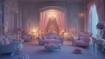 A fairytale-inspired princess living room with elegant furniture, soft lighting, and pastel colors throughout.の素材