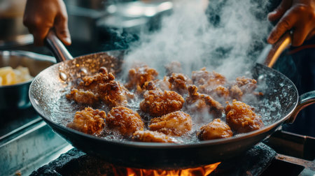 A frying pan sizzling with freshly cooked fried chicken, highlighting the golden crust and bubbling oil.の素材