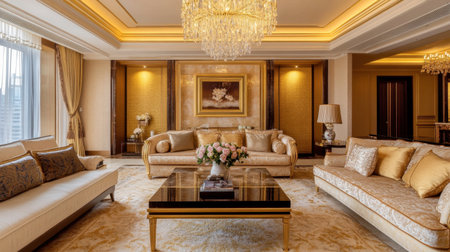 A grand living room with soft cushions, golden accents, and a chandelier that sparkles in the warm light, fit for a princess.の素材