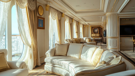 A grand princess living room with a luxurious cream sofa, gold accents, and large windows with lace curtains.の素材