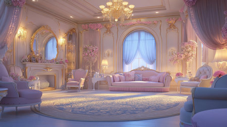A fairytale-inspired princess living room with elegant furniture, soft lighting, and pastel colors throughout.の素材