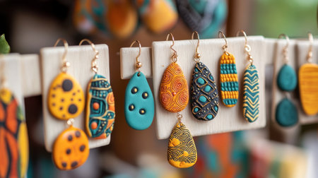 A display of handmade clay earrings in various vibrant colors and patterns.の素材