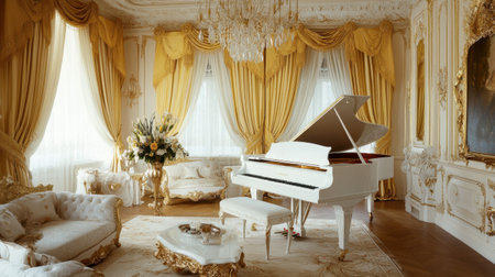 A grand princess-themed living room with a white piano, golden drapes, and an elegant chandelier hanging from the ceiling.の素材