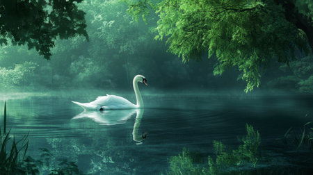 A graceful white swan gliding across a serene lake, reflecting the calm water and surrounded by lush greenery.の素材