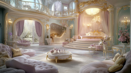 A fairytale-inspired princess living room with elegant furniture, soft lighting, and pastel colors throughout.の素材