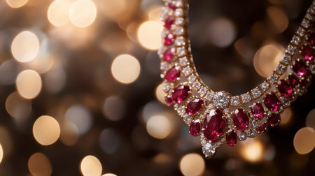A luxurious ruby and diamond necklace displayed under soft, romantic lighting.の素材