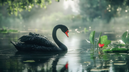 A majestic black swan swimming gracefully in a pond, its reflection shimmering in the clear water.の素材