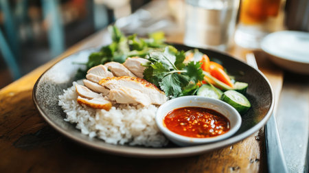 A hearty plate of steamed rice with perfectly cooked chicken, accompanied by fresh herbs and a side of chili dipping sauce.の素材