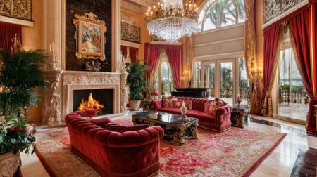 A luxurious princess-themed living room with an elegant marble fireplace, plush velvet seating, and a sparkling crystal chandelier.の素材
