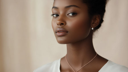 A model showcasing a delicate rose gold necklace with a small diamond pendant.の素材