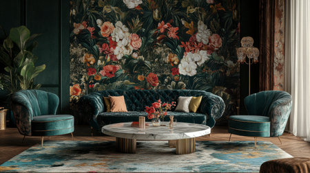 A lavish princess living room with vintage floral wallpaper, velvet chairs, and a marble-topped coffee table.の素材