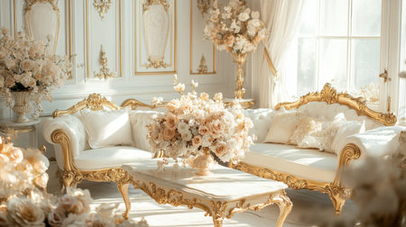A luxurious princess-themed living room with gold-accented furniture, delicate floral arrangements, and a marble coffee table.の素材