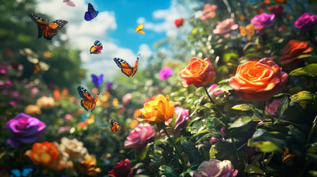 A vibrant bouquet of multicolored roses in a whimsical garden setting, with butterflies fluttering around, capturing a moment of natural beauty.の素材