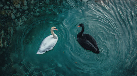 An overhead shot of a white swan and a black swan swimming in circles on a still, crystal-clear pond.の素材