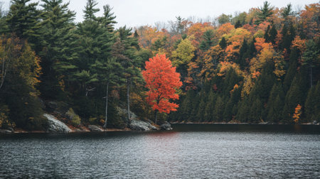 Early autumn colors beginning to show around Swift Lake, with trees transitioning from green to warm oranges and reds.の素材