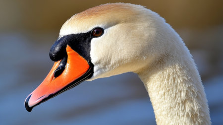 A close-up of a swans face and beak, highlighting its sharp features against a blurred background.の素材