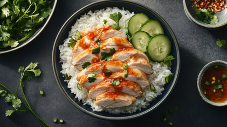 A bowl of steamed rice topped with sliced chicken breast, served with cucumber, cilantro, and a side of savory dipping sauce.の素材