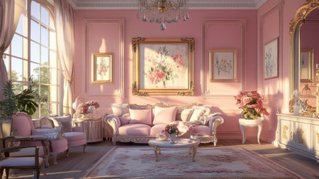 A cozy princess-themed living room featuring soft pink walls, gilded frames, and a sparkling crystal chandelier.の素材