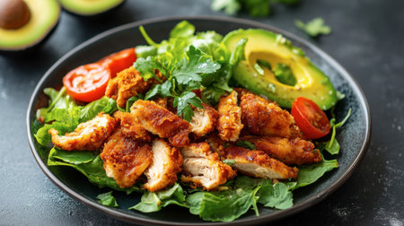 A creative shot of a fried chicken salad topped with avocado slices and cherry tomatoes, highlighting freshness.の素材