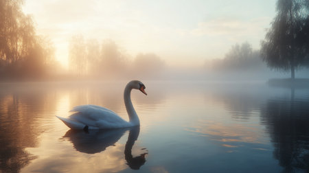 A lone swan peacefully floating on a mist-covered lake at dawn, with soft light reflecting on the water.の素材