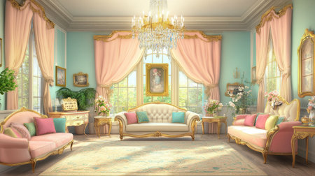 A princess dream living room featuring soft pastel cushions, golden curtains, and a crystal chandelier hanging overhead.の素材