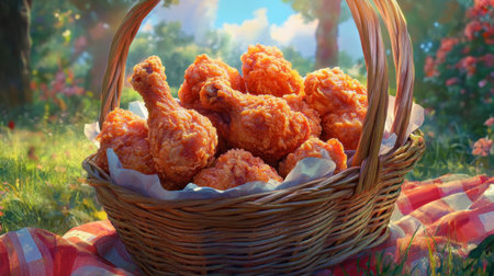 A playful arrangement of fried chicken pieces in a picnic basket, ready to be shared among friends.の素材