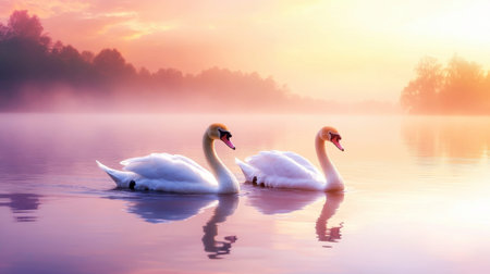 A pair of swans gliding together on a serene river during a soft, pink sunset.の素材