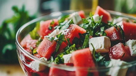 A refreshing watermelon and feta cheese salad served in a clear bowl, topped with fresh herbs and a light vinaigrette.の素材