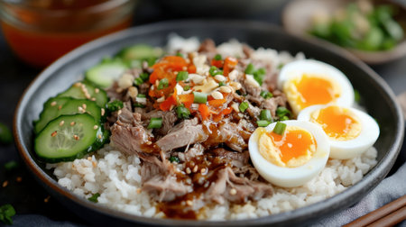 A plate of pork leg rice topped with soft-boiled eggs, pickled vegetables, and a tangy dipping sauce, ready for a delicious meal.の素材