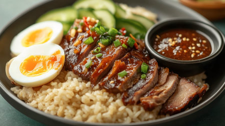 A plate of pork leg rice topped with soft-boiled eggs, pickled vegetables, and a tangy dipping sauce, ready for a delicious meal.の素材
